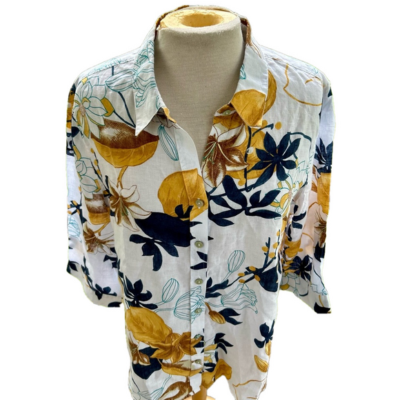 Chico’s No Iron Linen Shirt Size 16 Tropical Garden 3/4 Sleeve Gold NEW - Picture 3 of 14